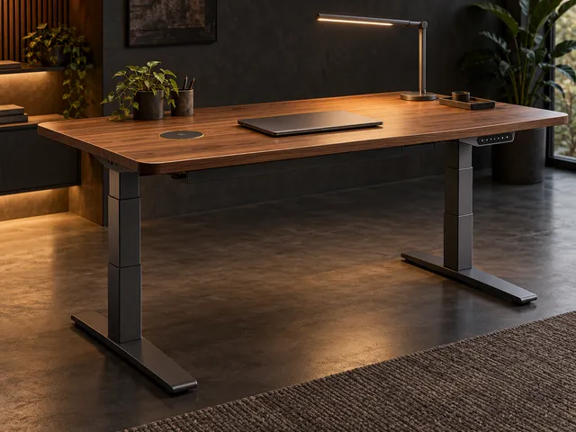 Ceviz yüzeyli, yükseklik ayarlı metal ayaklı, şarj alanlı akıllı çalışma masası konsepti
