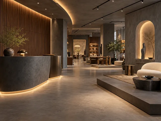 Ceviz, koyu taş ve sıcak aydınlatmalı showroom iç mekân konsepti